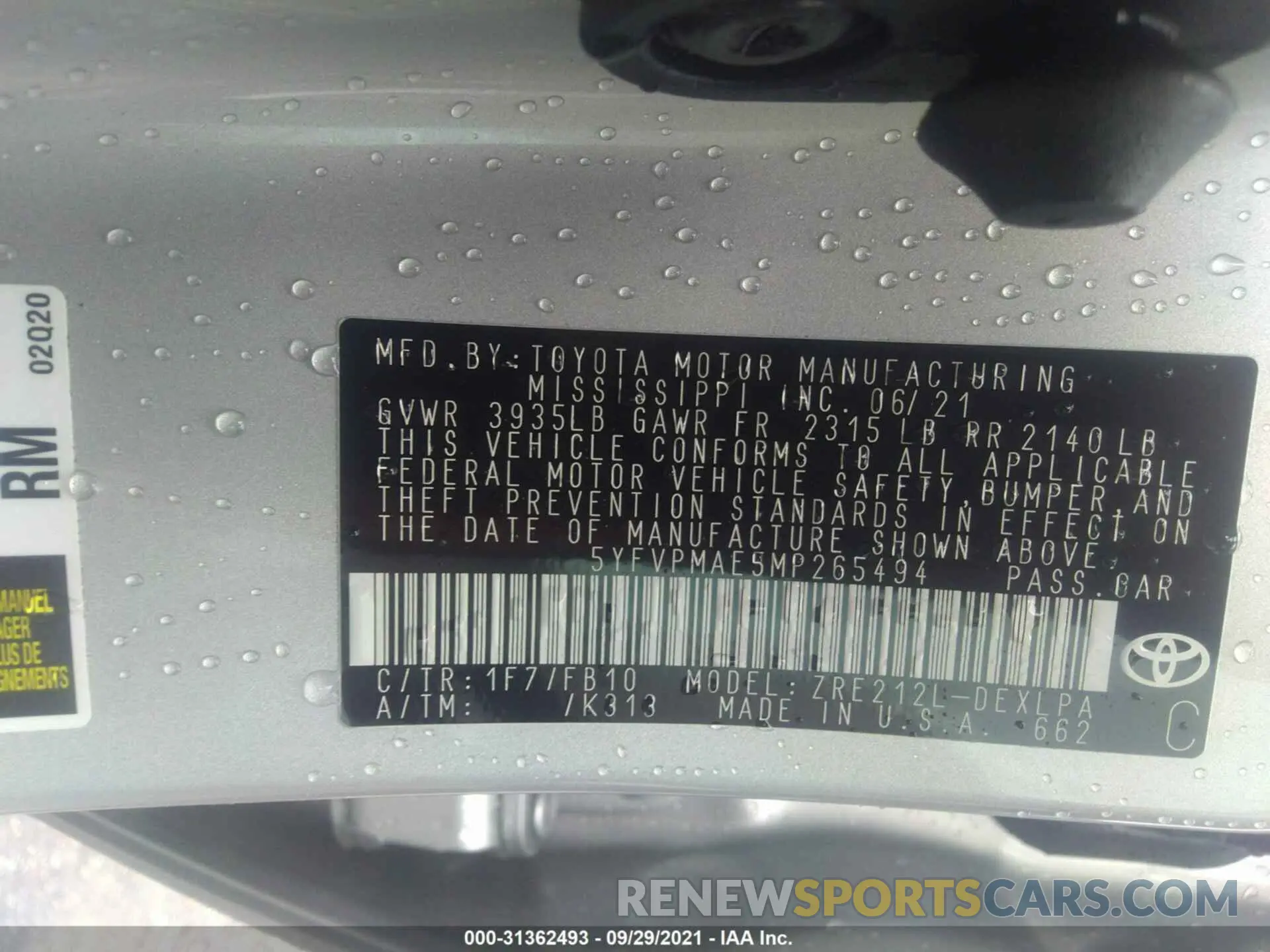9 fotografías del automóvil dañado 5YFVPMAE5MP265494 TOYOTA COROLLA 2021