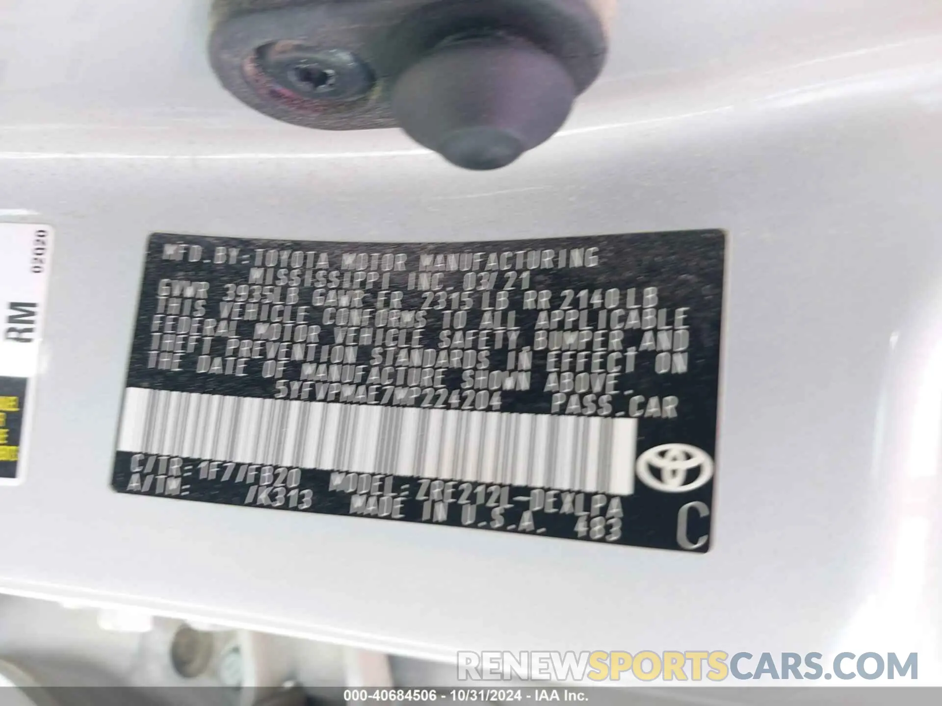 9 fotografías del automóvil dañado 5YFVPMAE7MP224204 TOYOTA COROLLA 2021