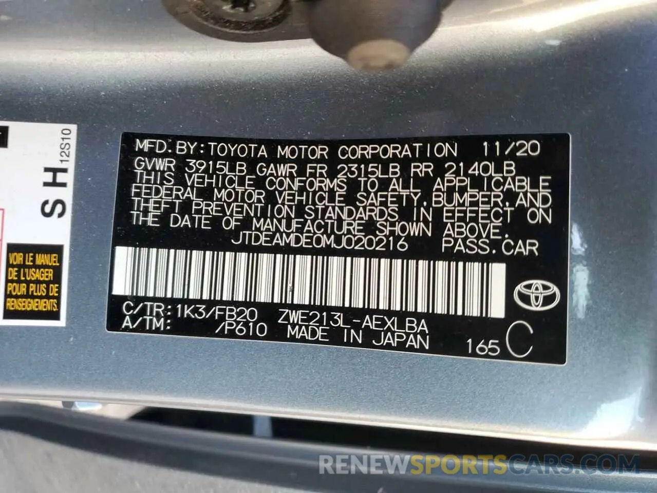12 fotografías del automóvil dañado JTDEAMDE0MJ020216 TOYOTA COROLLA 2021