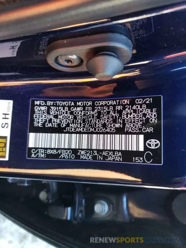 10 fotografías del automóvil dañado JTDEAMDE0MJ026405 TOYOTA COROLLA 2021