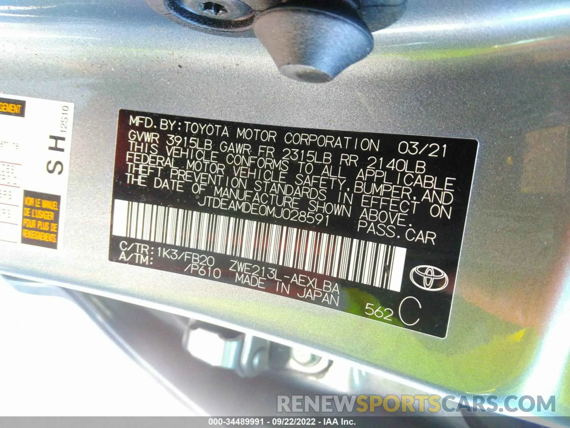 9 fotografías del automóvil dañado JTDEAMDE0MJ028591 TOYOTA COROLLA 2021