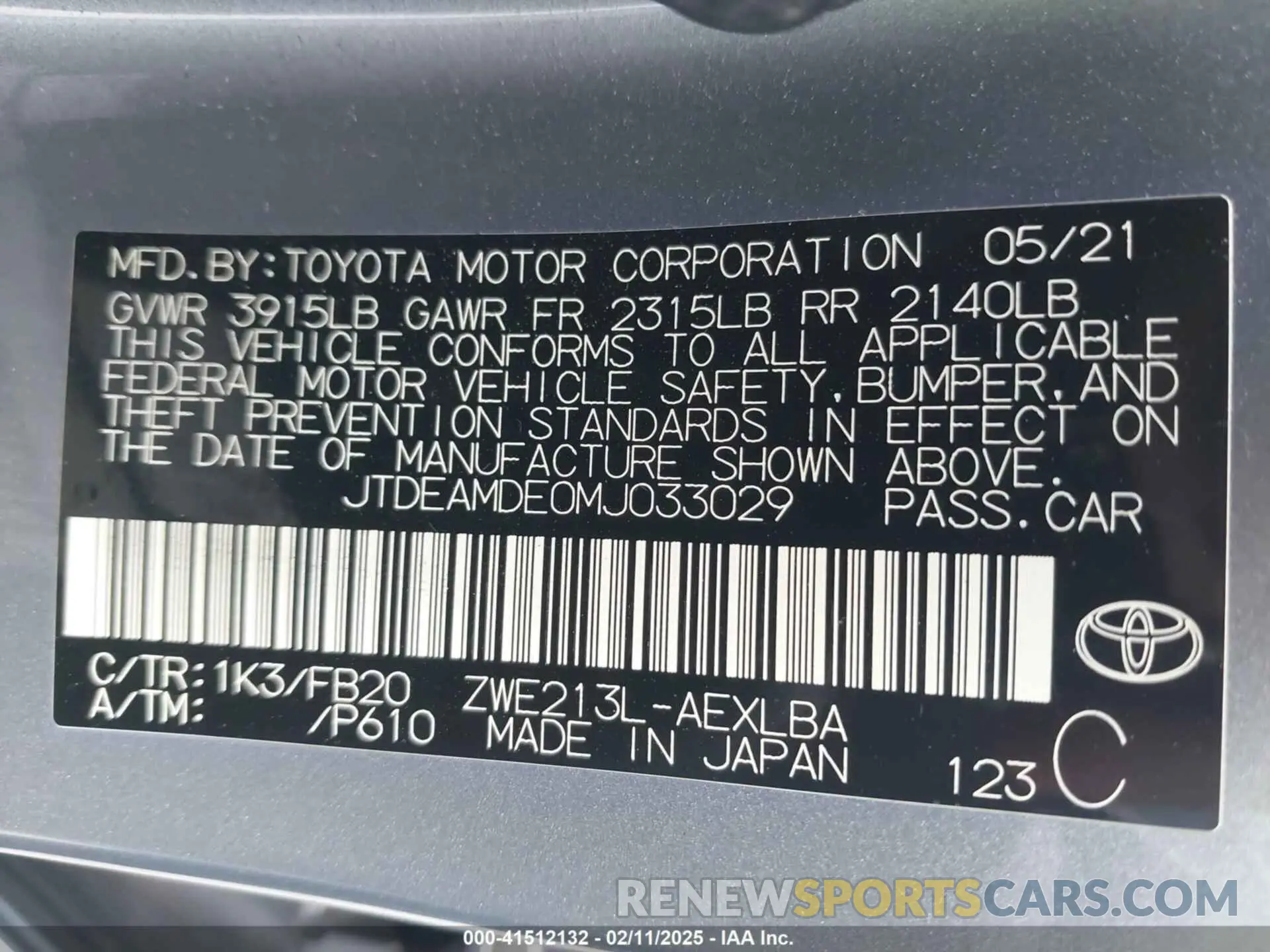 9 fotografías del automóvil dañado JTDEAMDE0MJ033029 TOYOTA COROLLA 2021