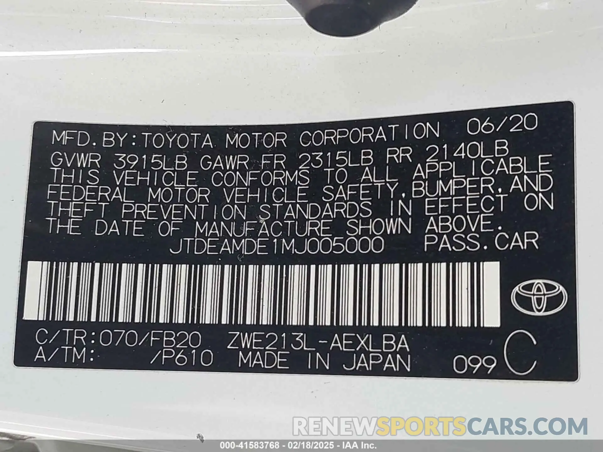 9 fotografías del automóvil dañado JTDEAMDE1MJ005000 TOYOTA COROLLA 2021