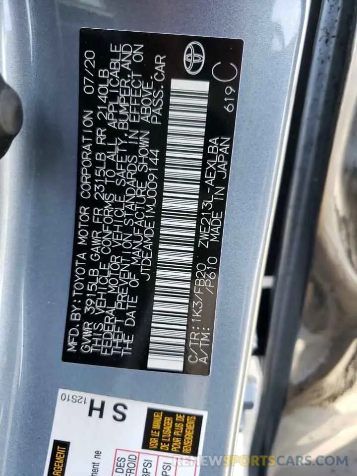 10 fotografías del automóvil dañado JTDEAMDE1MJ009144 TOYOTA COROLLA 2021