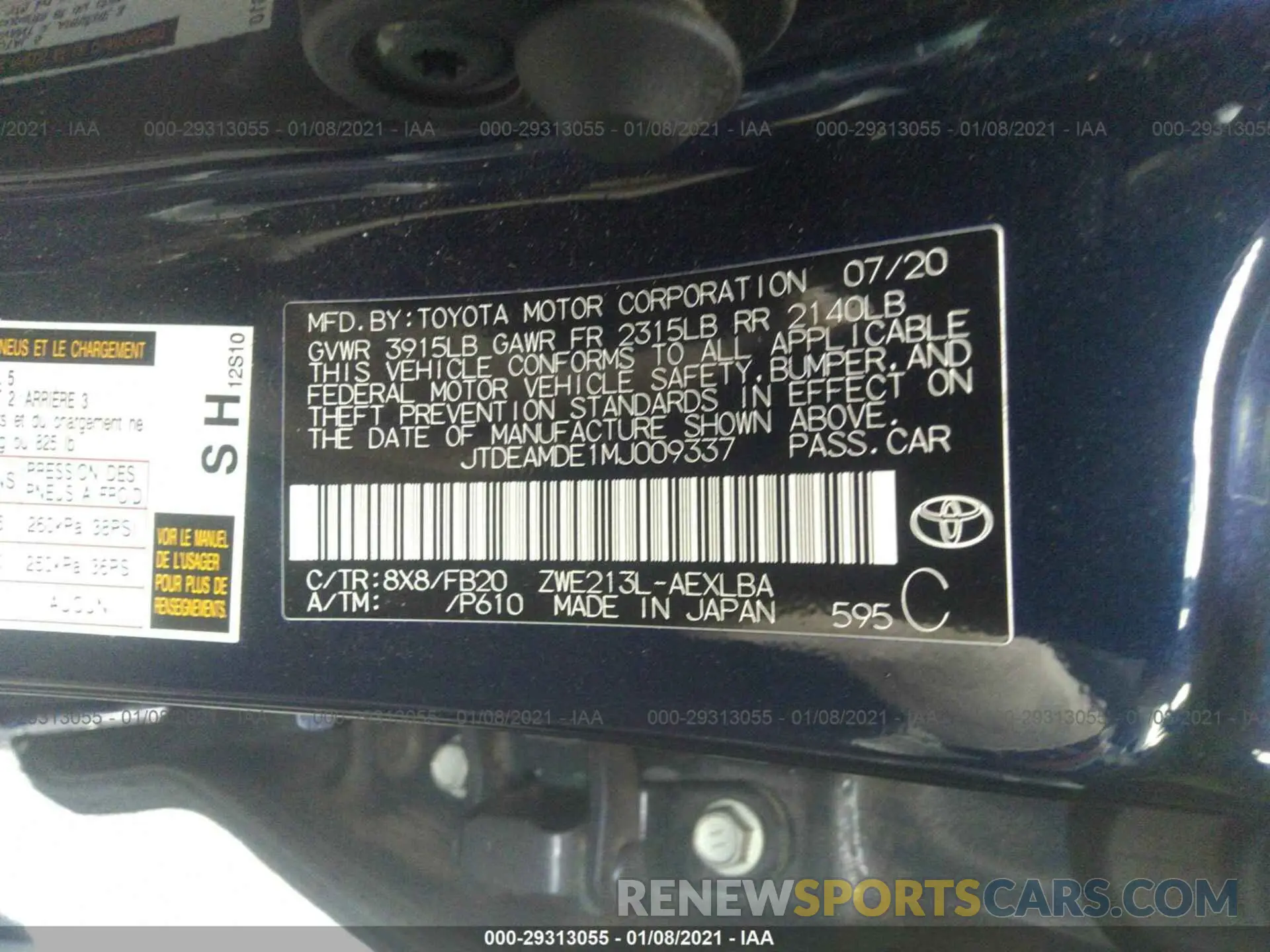 9 fotografías del automóvil dañado JTDEAMDE1MJ009337 TOYOTA COROLLA 2021