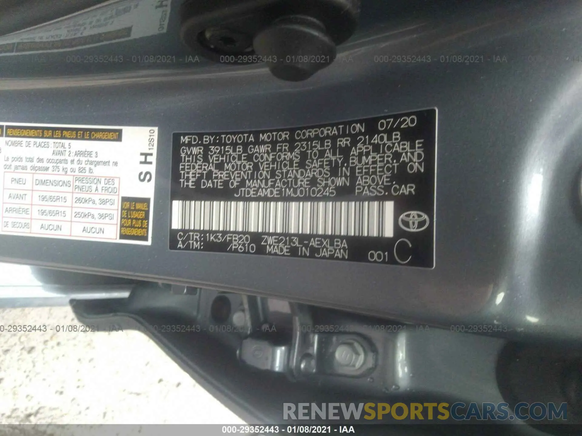 9 fotografías del automóvil dañado JTDEAMDE1MJ010245 TOYOTA COROLLA 2021