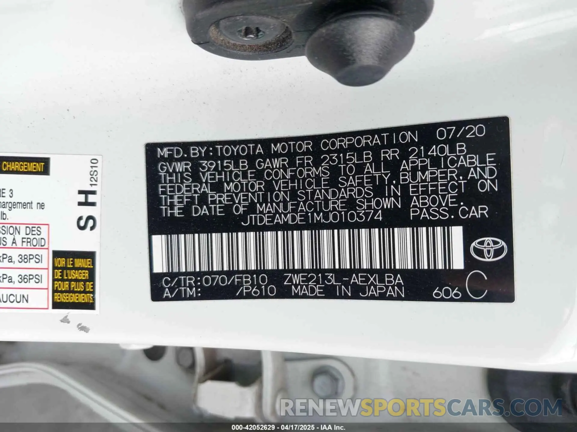 9 fotografías del automóvil dañado JTDEAMDE1MJ010374 TOYOTA COROLLA 2021
