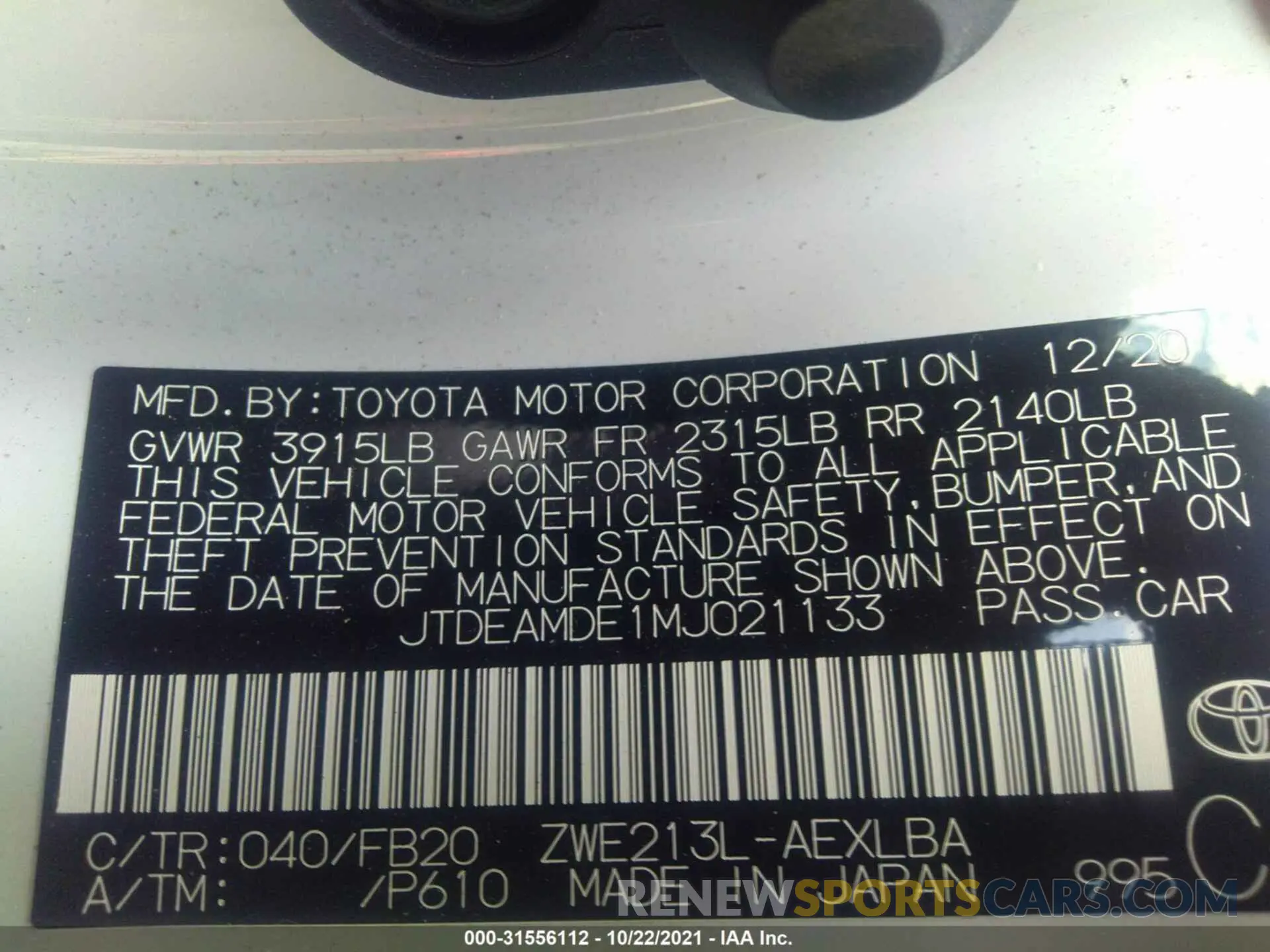 9 fotografías del automóvil dañado JTDEAMDE1MJ021133 TOYOTA COROLLA 2021