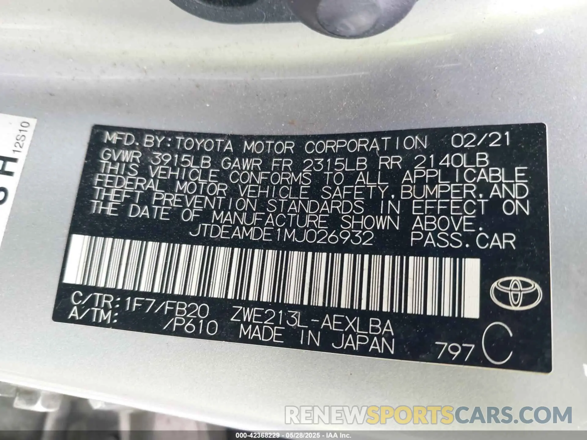 9 fotografías del automóvil dañado JTDEAMDE1MJ026932 TOYOTA COROLLA 2021