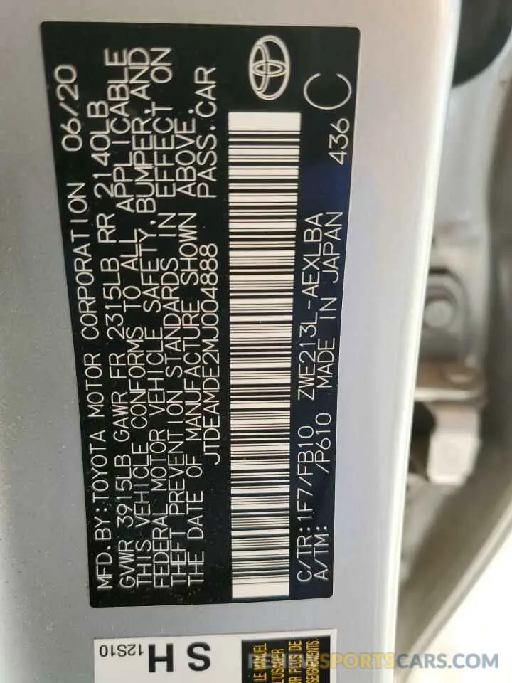 12 fotografías del automóvil dañado JTDEAMDE2MJ004888 TOYOTA COROLLA 2021