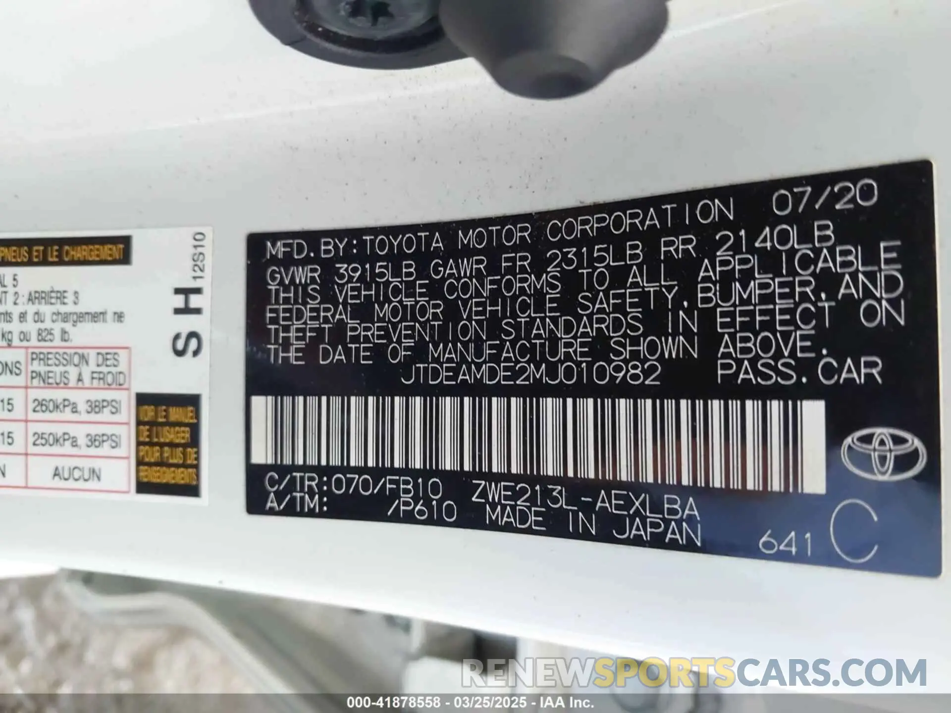 9 fotografías del automóvil dañado JTDEAMDE2MJ010982 TOYOTA COROLLA 2021
