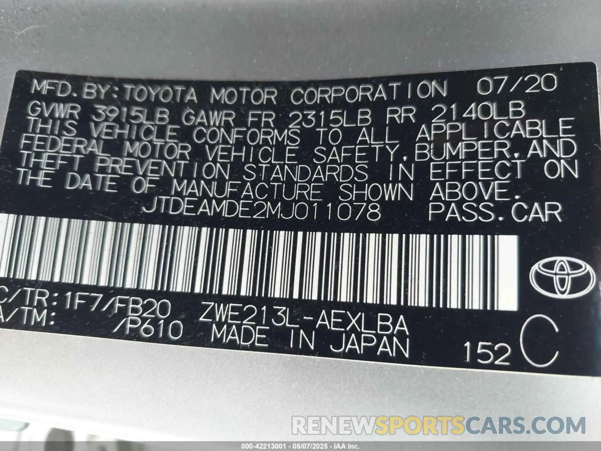 9 fotografías del automóvil dañado JTDEAMDE2MJ011078 TOYOTA COROLLA 2021
