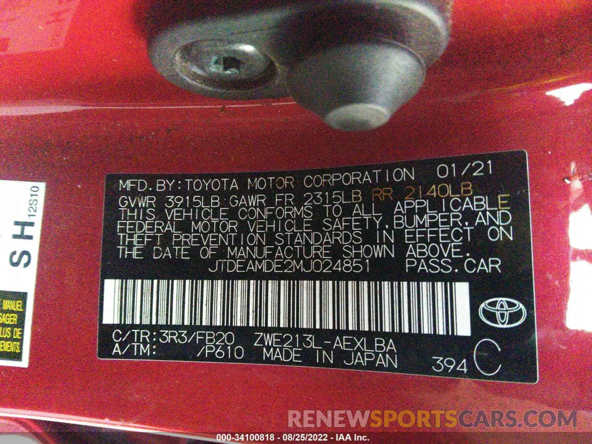 9 fotografías del automóvil dañado JTDEAMDE2MJ024851 TOYOTA COROLLA 2021