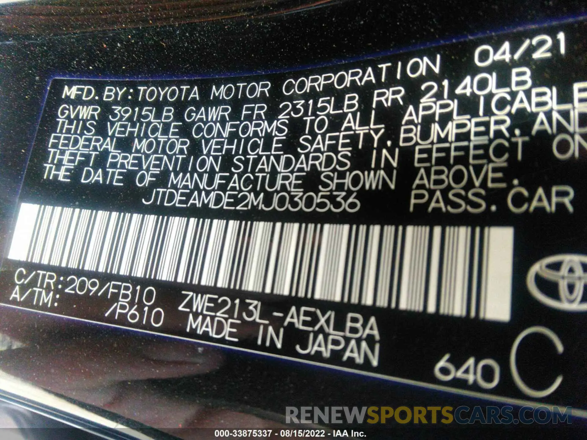 9 fotografías del automóvil dañado JTDEAMDE2MJ030536 TOYOTA COROLLA 2021