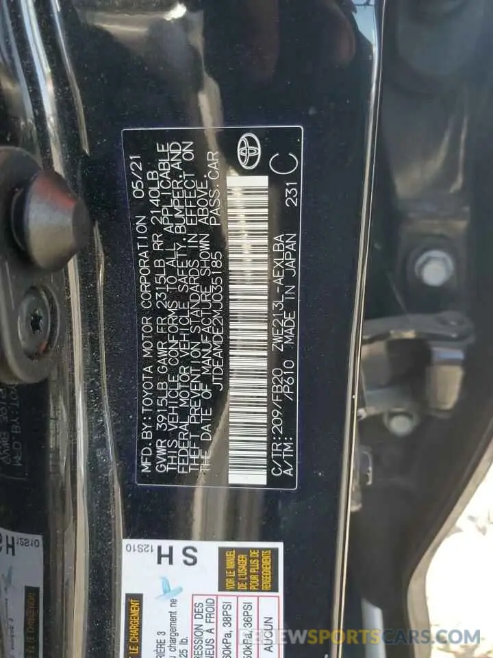 12 fotografías del automóvil dañado JTDEAMDE2MJ035185 TOYOTA COROLLA 2021