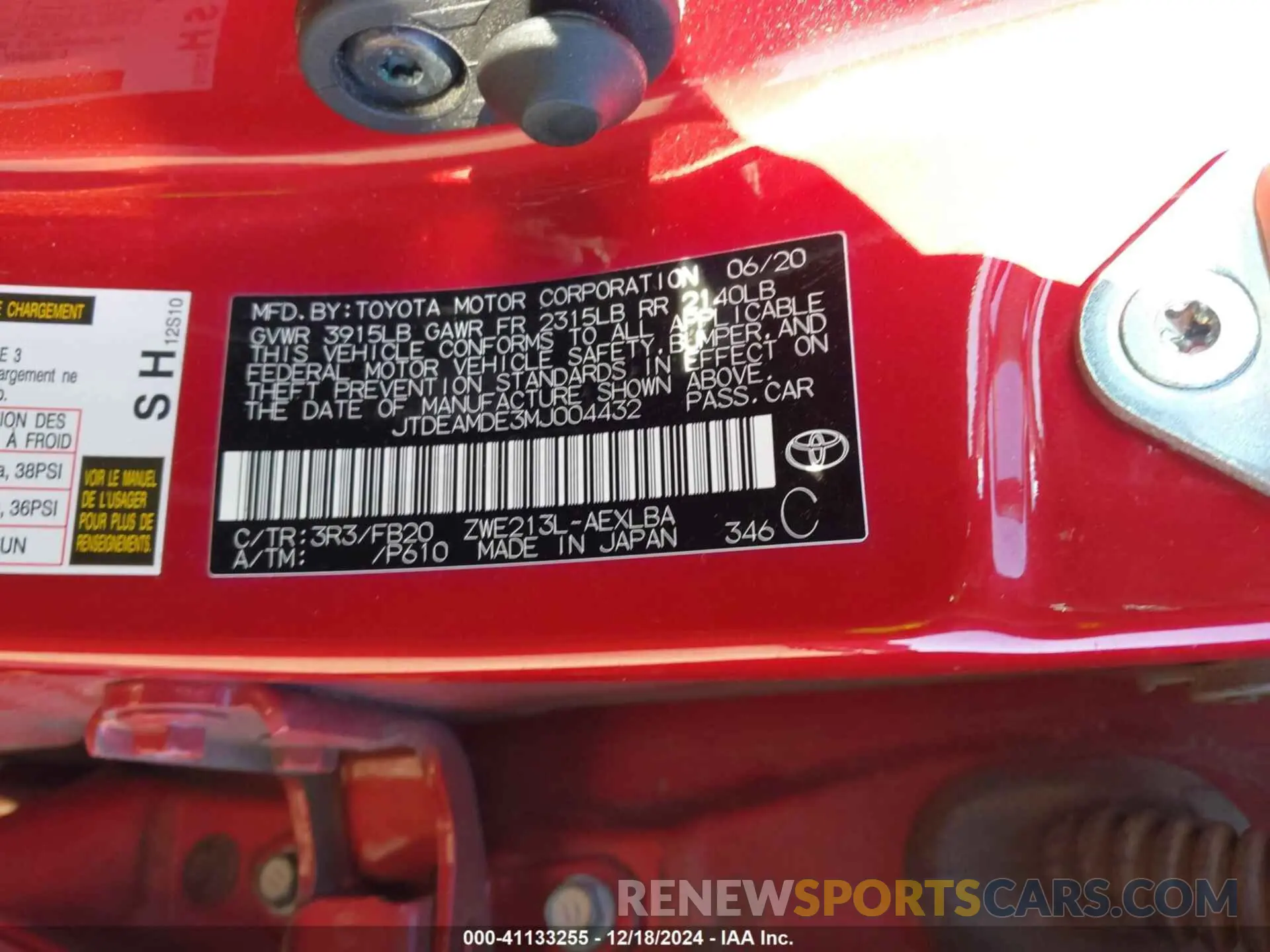 9 fotografías del automóvil dañado JTDEAMDE3MJ004432 TOYOTA COROLLA 2021
