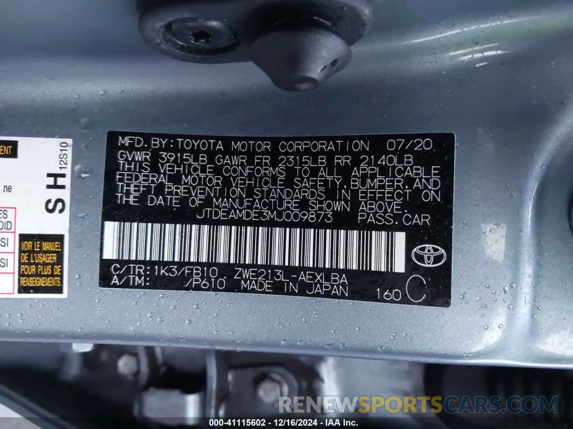 9 fotografías del automóvil dañado JTDEAMDE3MJ009873 TOYOTA COROLLA 2021