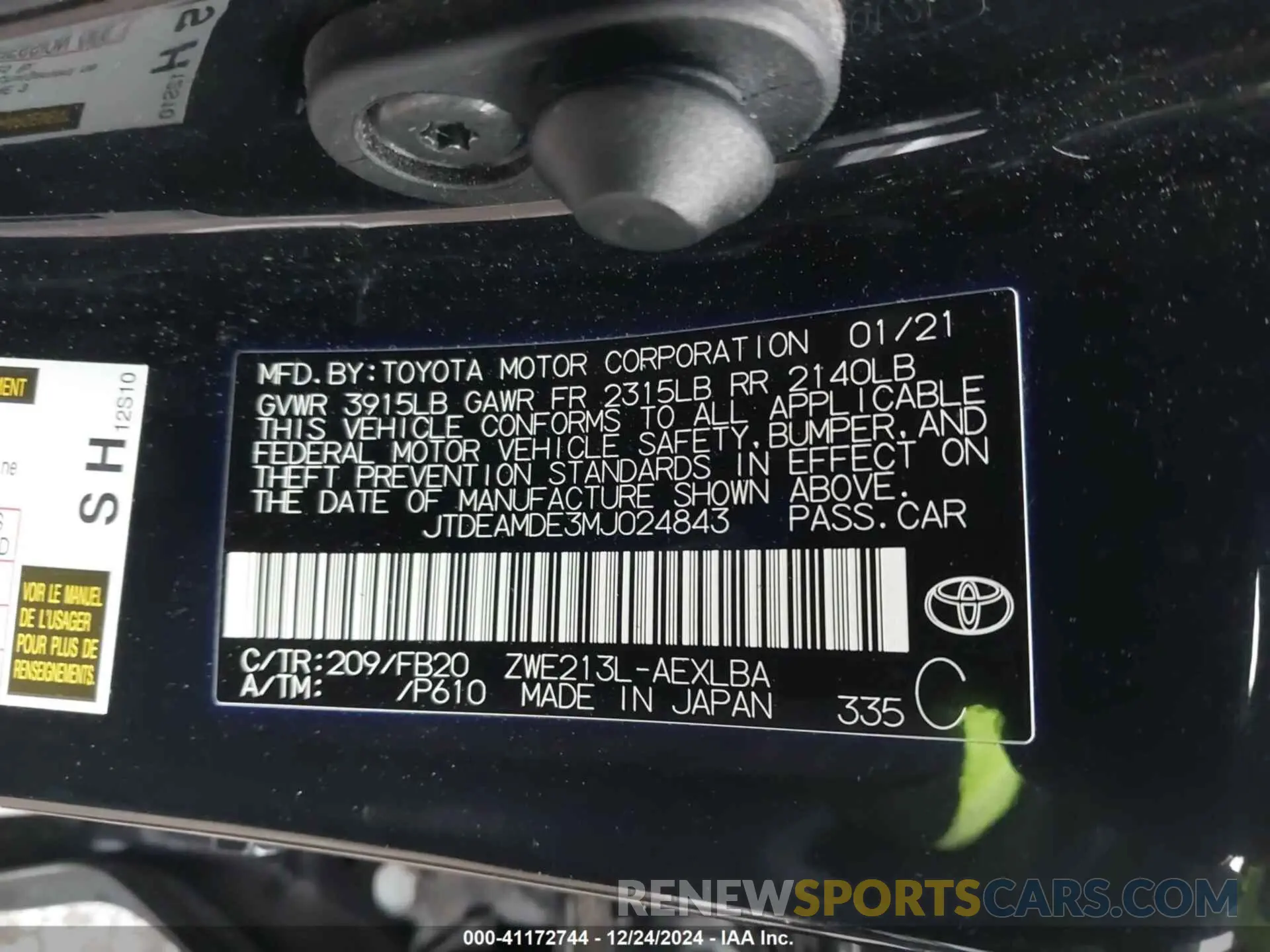 9 fotografías del automóvil dañado JTDEAMDE3MJ024843 TOYOTA COROLLA 2021