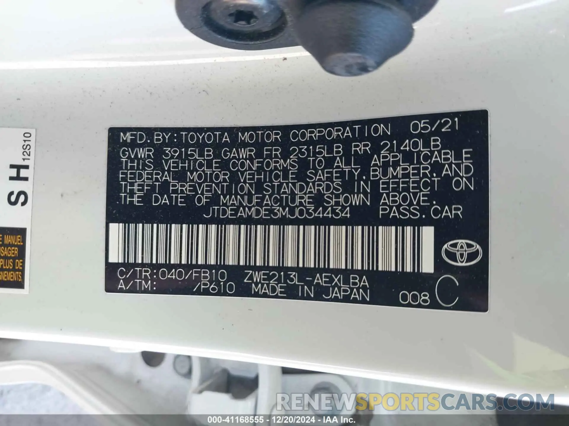 9 fotografías del automóvil dañado JTDEAMDE3MJ034434 TOYOTA COROLLA 2021