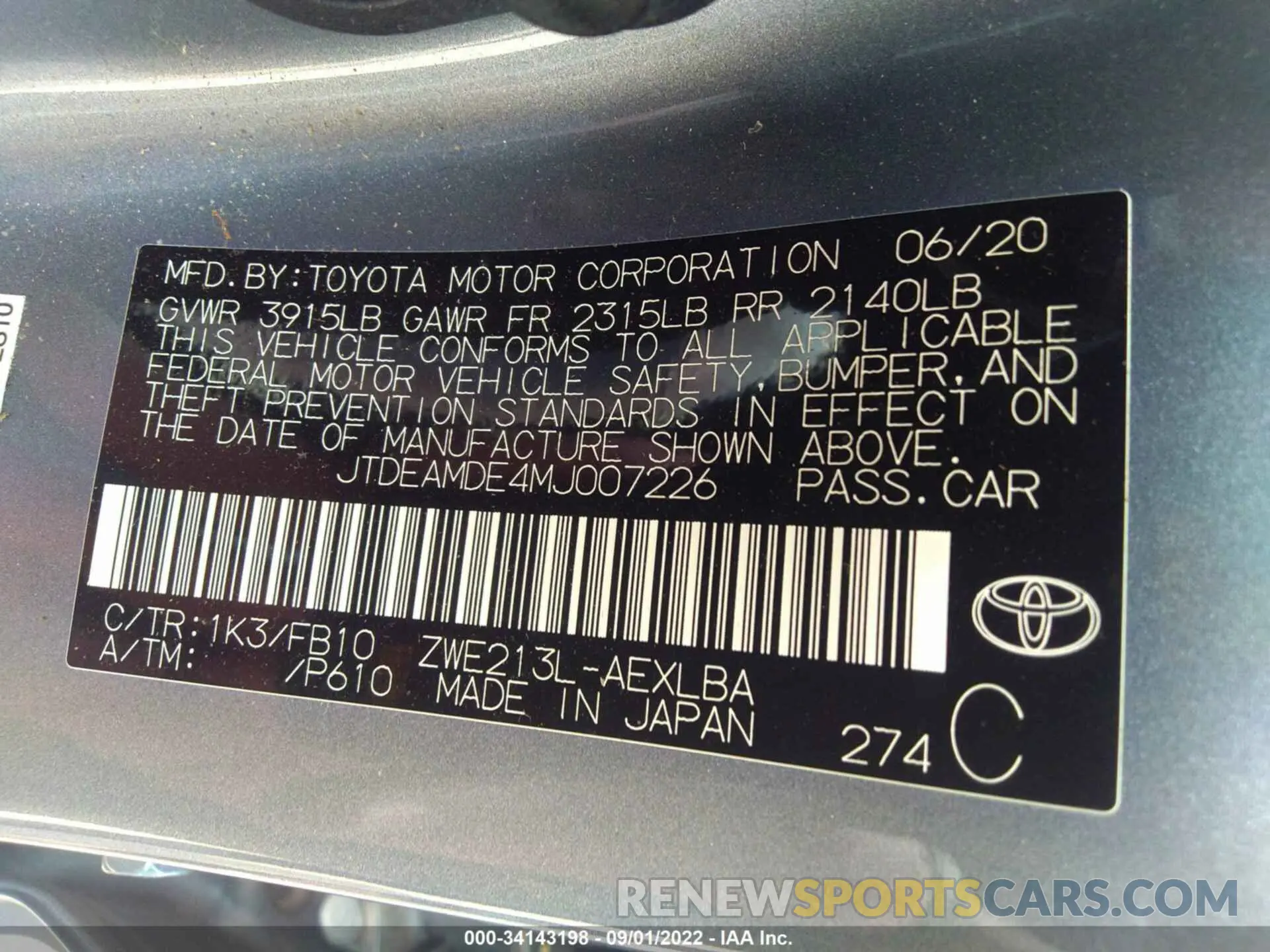 2 fotografías del automóvil dañado JTDEAMDE4MJ007226 TOYOTA COROLLA 2021