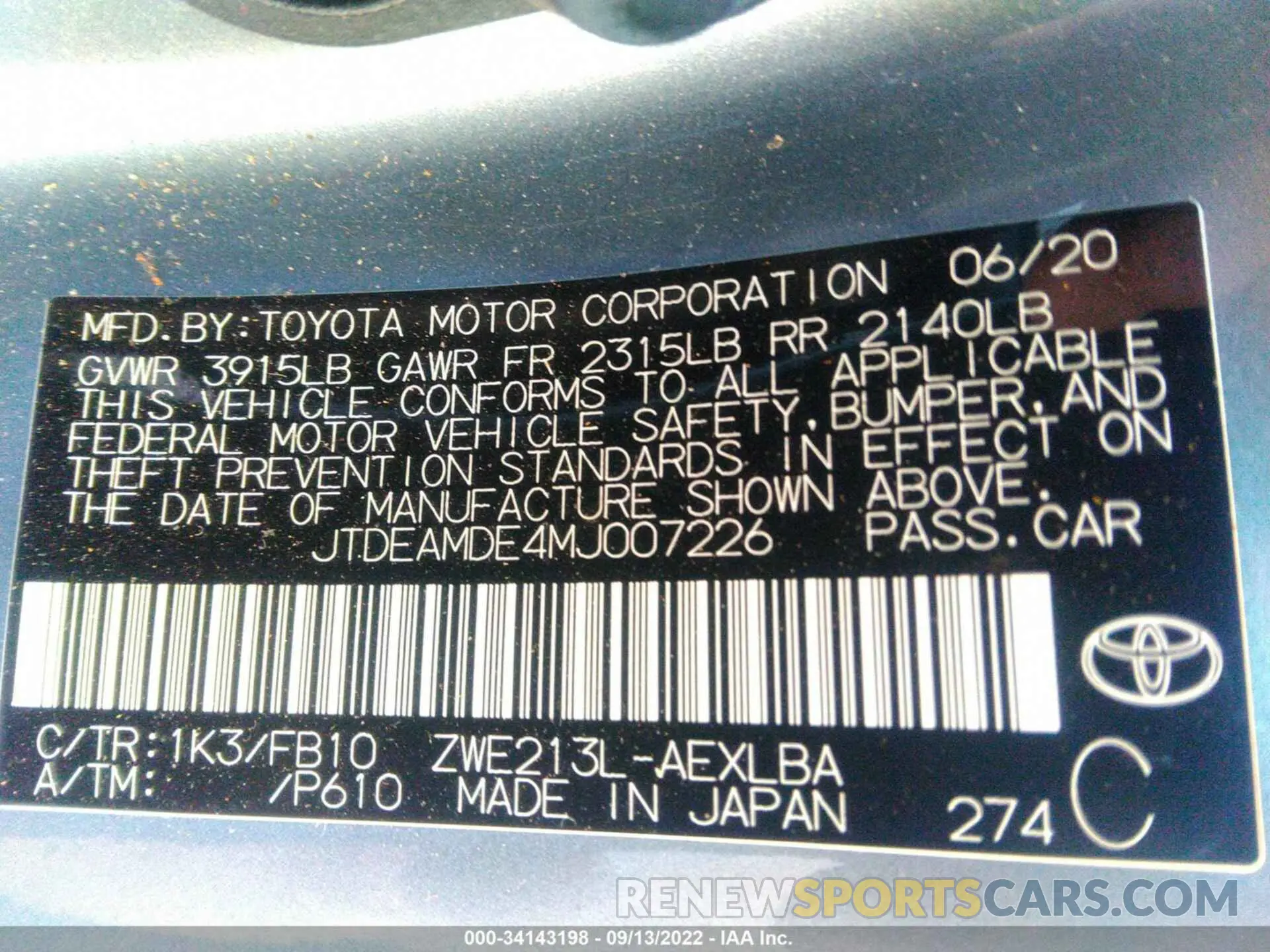 9 fotografías del automóvil dañado JTDEAMDE4MJ007226 TOYOTA COROLLA 2021