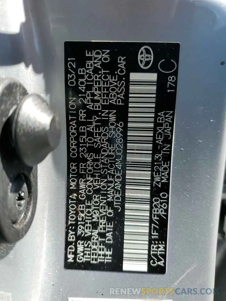 13 fotografías del automóvil dañado JTDEAMDE4MJ028996 TOYOTA COROLLA 2021