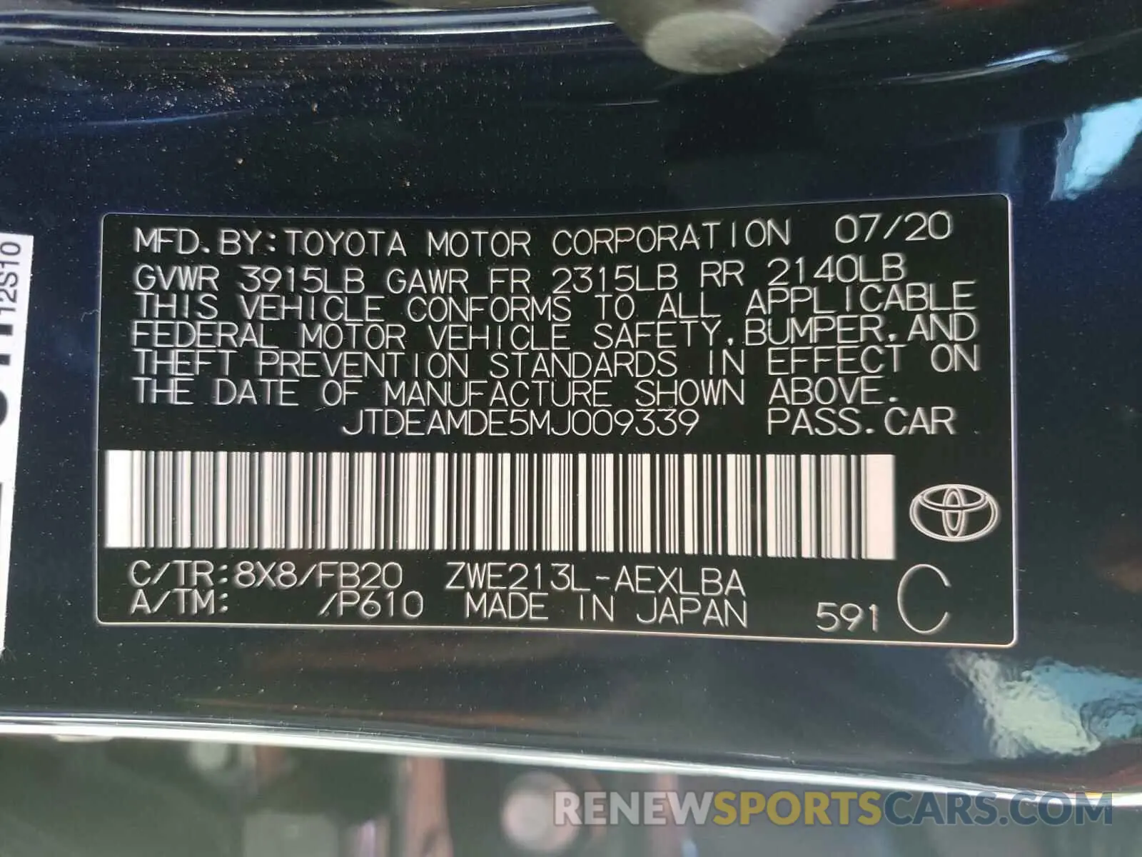 10 fotografías del automóvil dañado JTDEAMDE5MJ009339 TOYOTA COROLLA 2021