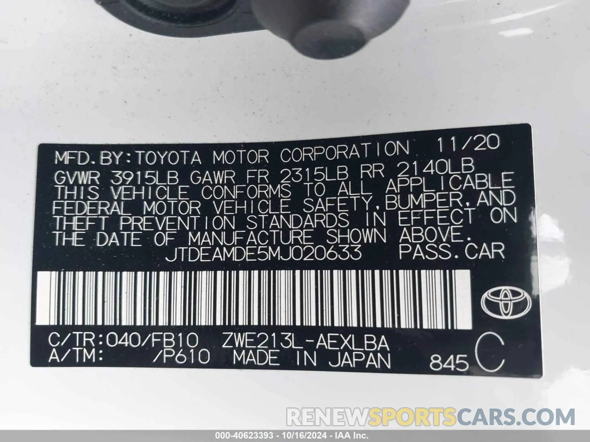 9 fotografías del automóvil dañado JTDEAMDE5MJ020633 TOYOTA COROLLA 2021