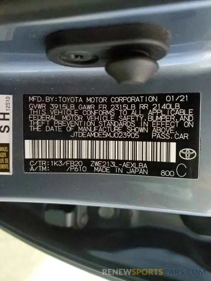 13 fotografías del automóvil dañado JTDEAMDE5MJ023905 TOYOTA COROLLA 2021