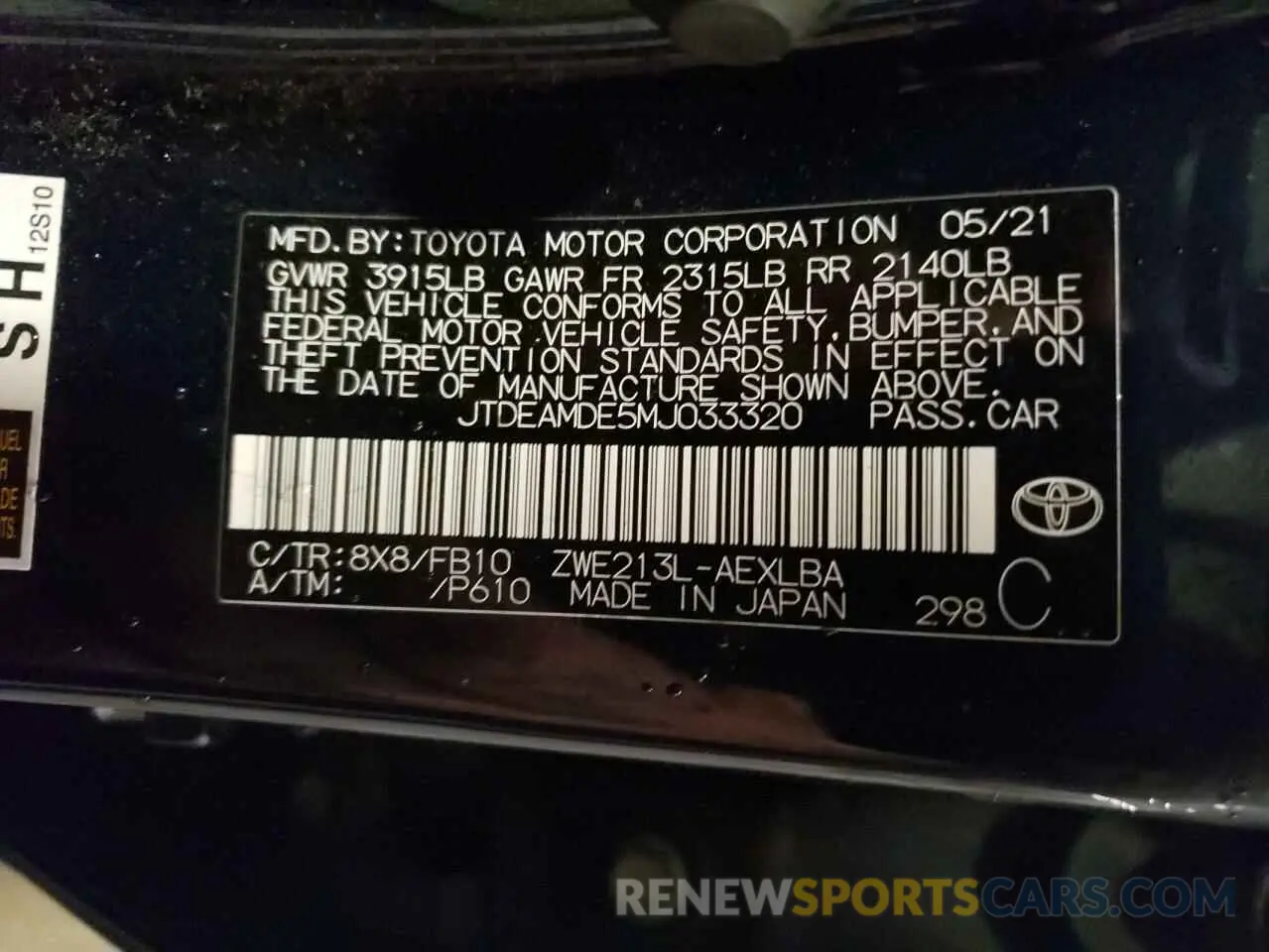 12 fotografías del automóvil dañado JTDEAMDE5MJ033320 TOYOTA COROLLA 2021