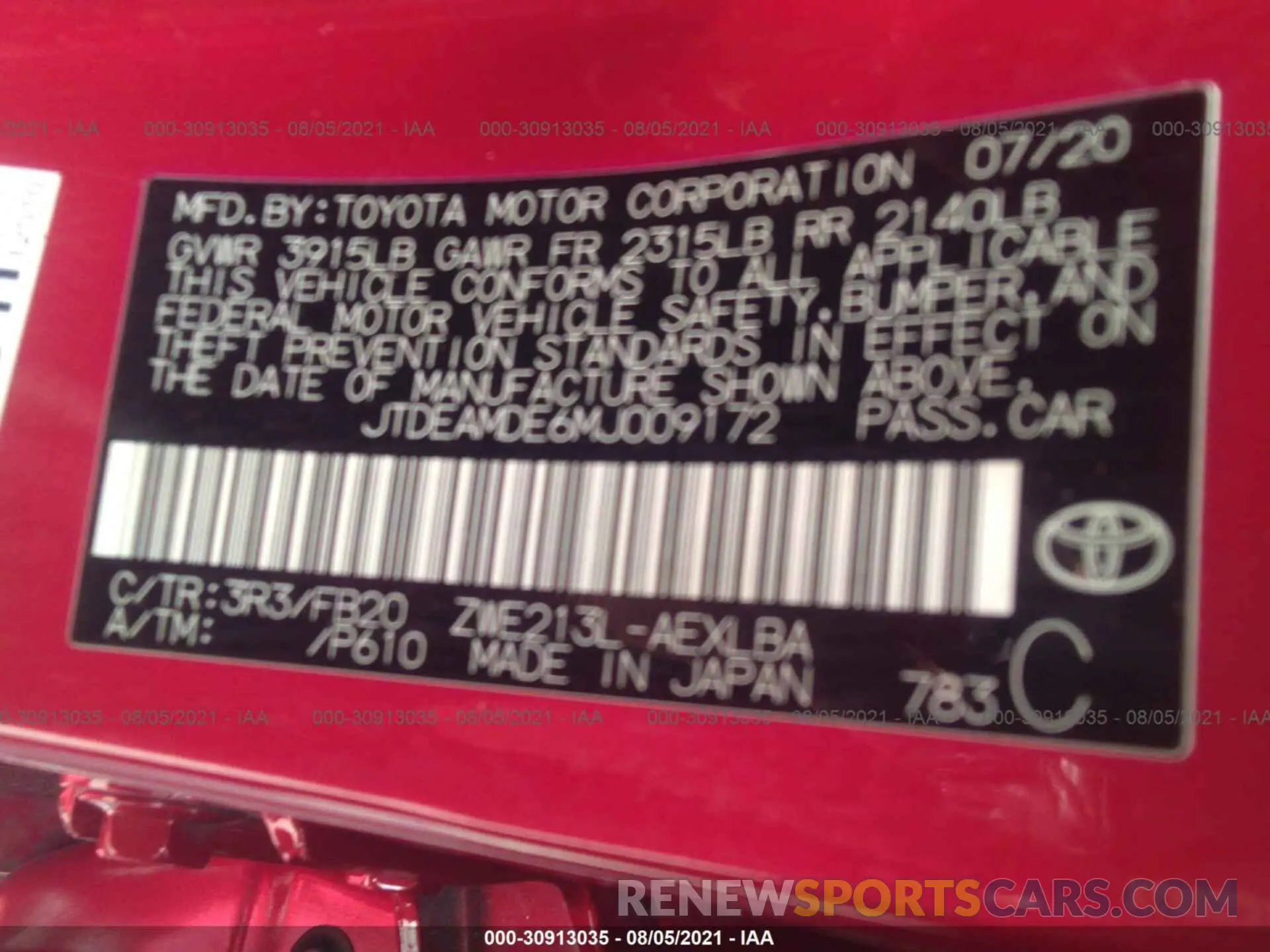 9 fotografías del automóvil dañado JTDEAMDE6MJ009172 TOYOTA COROLLA 2021