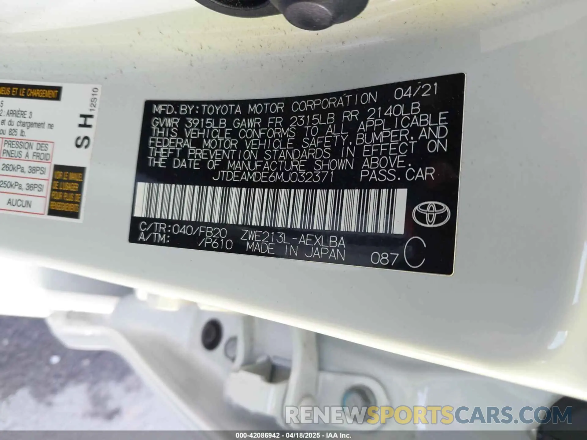9 fotografías del automóvil dañado JTDEAMDE6MJ032371 TOYOTA COROLLA 2021