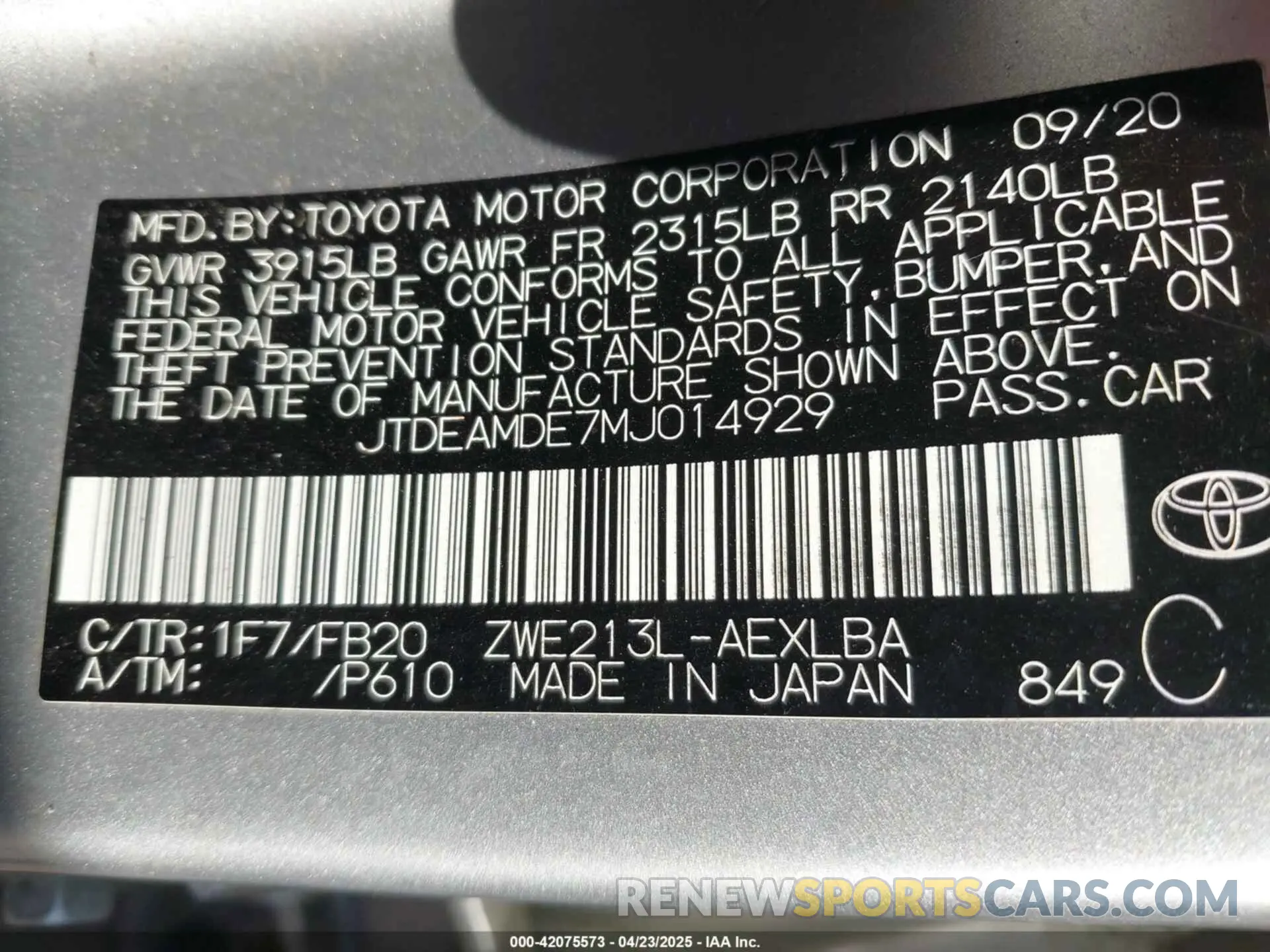 9 fotografías del automóvil dañado JTDEAMDE7MJ014929 TOYOTA COROLLA 2021