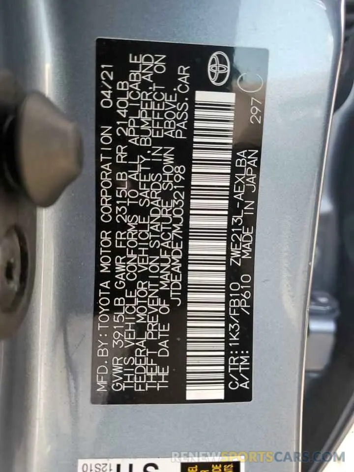 12 fotografías del automóvil dañado JTDEAMDE7MJ032198 TOYOTA COROLLA 2021