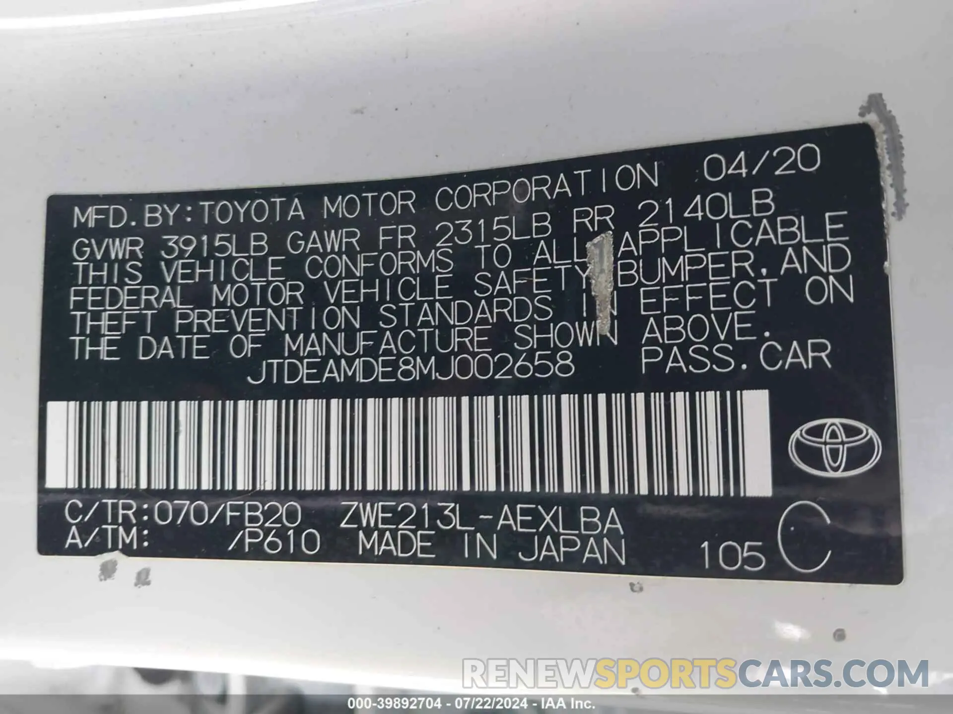 9 fotografías del automóvil dañado JTDEAMDE8MJ002658 TOYOTA COROLLA 2021