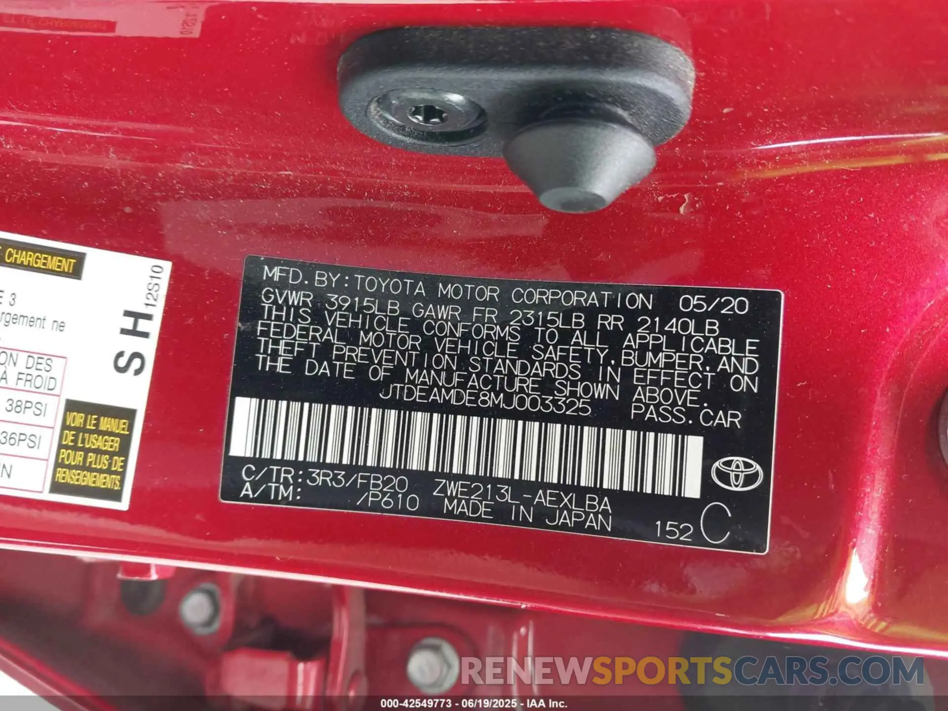 9 fotografías del automóvil dañado JTDEAMDE8MJ003325 TOYOTA COROLLA 2021