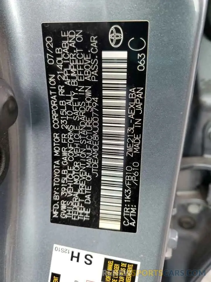 13 fotografías del automóvil dañado JTDEAMDE8MJ007794 TOYOTA COROLLA 2021