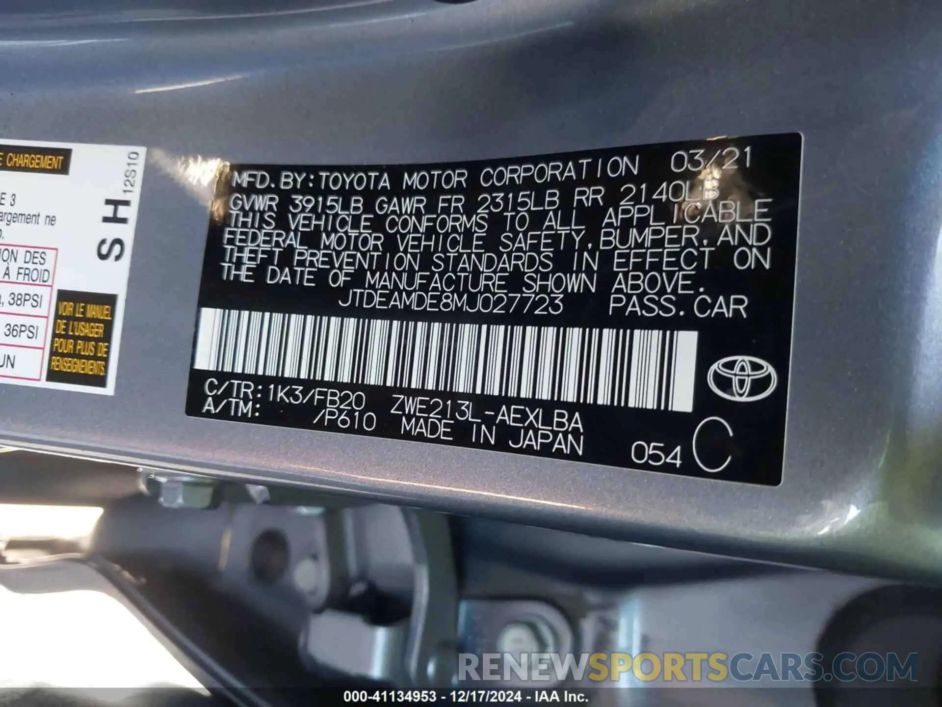 9 fotografías del automóvil dañado JTDEAMDE8MJ027723 TOYOTA COROLLA 2021