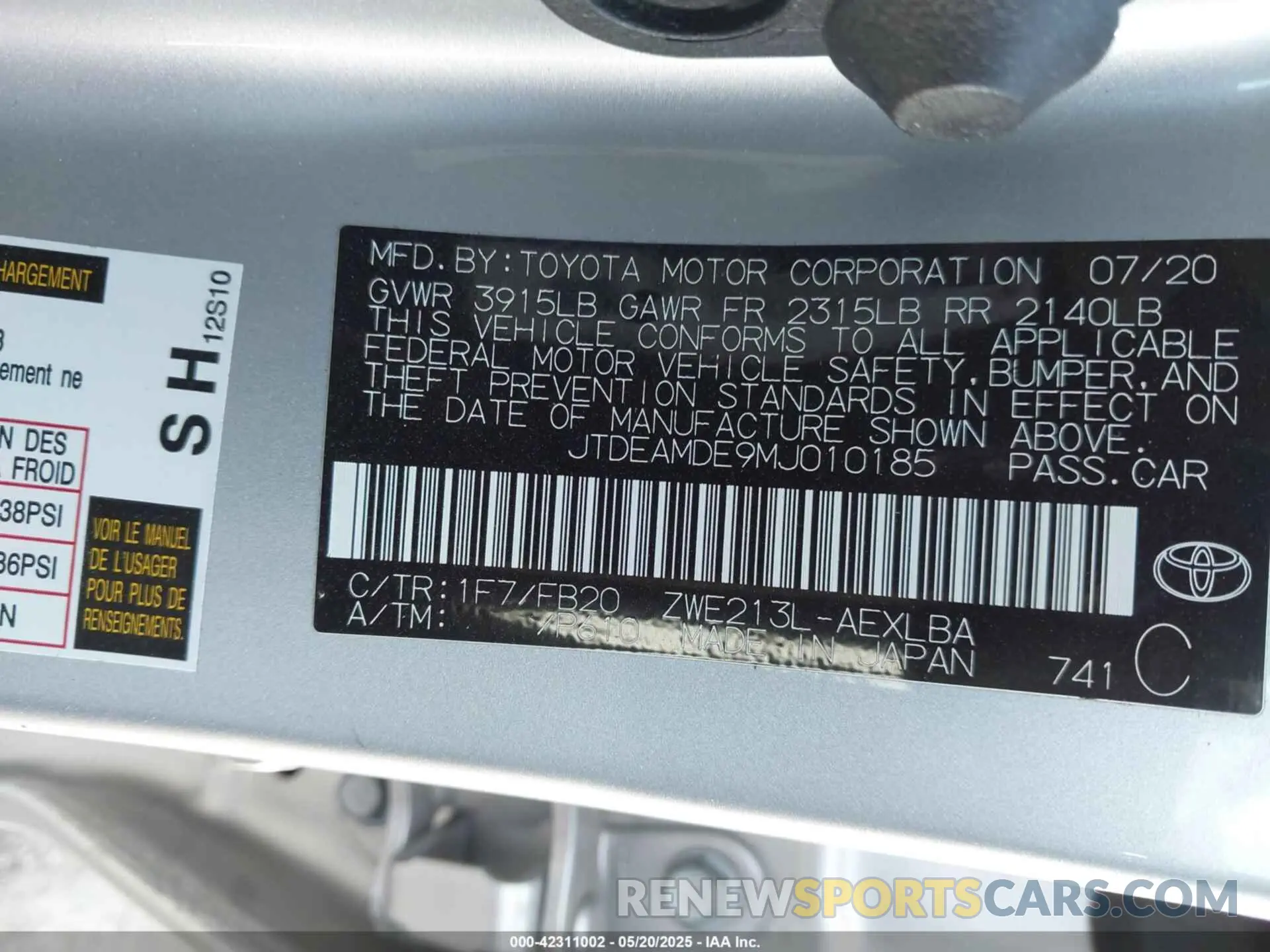 9 fotografías del automóvil dañado JTDEAMDE9MJ010185 TOYOTA COROLLA 2021