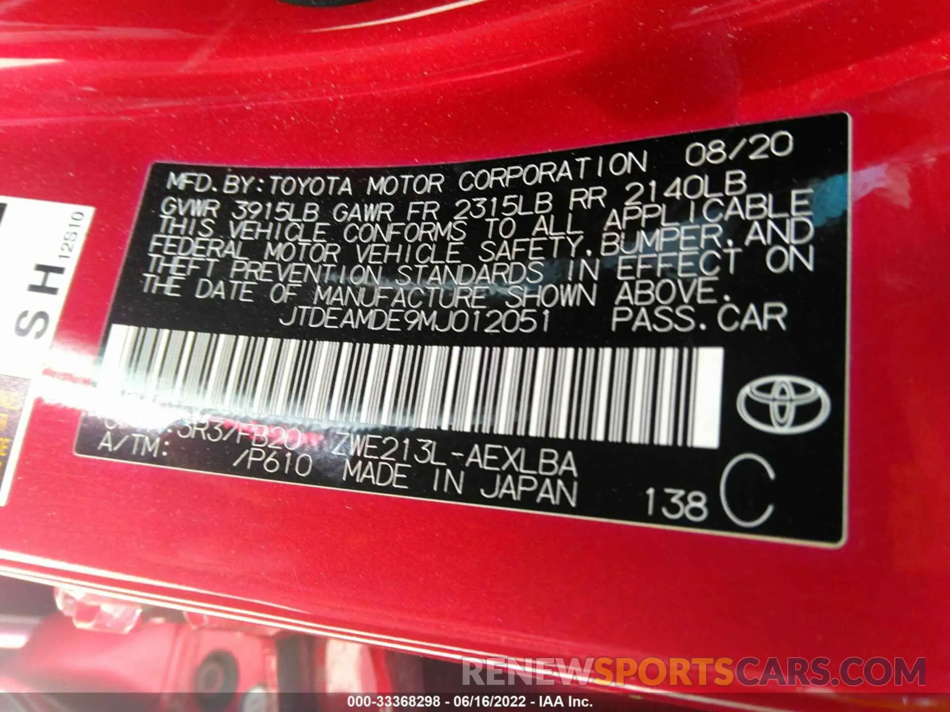 9 fotografías del automóvil dañado JTDEAMDE9MJ012051 TOYOTA COROLLA 2021