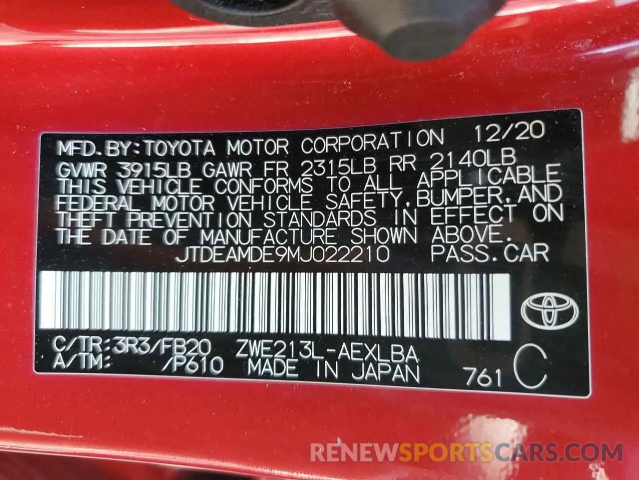 12 fotografías del automóvil dañado JTDEAMDE9MJ022210 TOYOTA COROLLA 2021