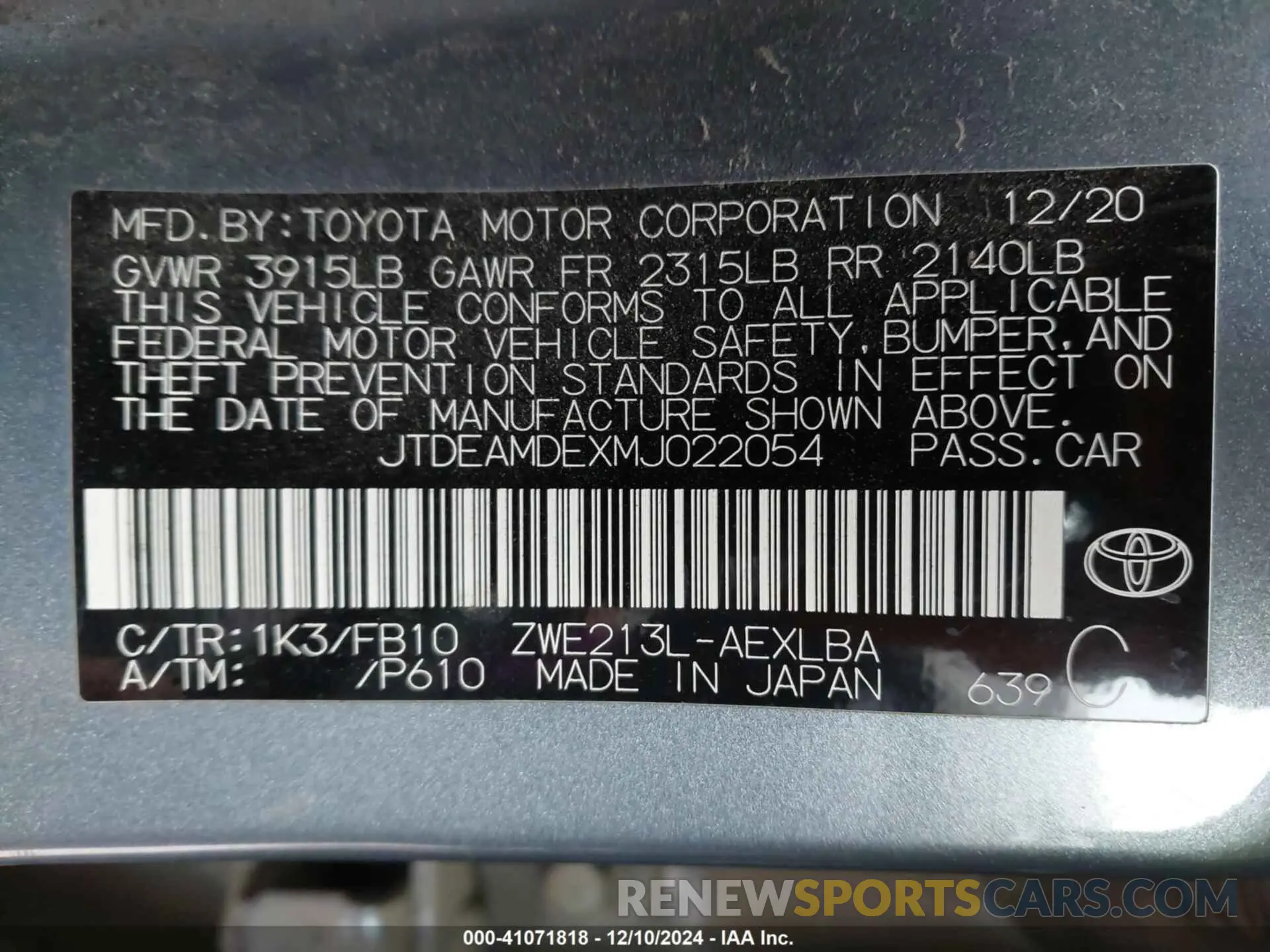 9 fotografías del automóvil dañado JTDEAMDEXMJ022054 TOYOTA COROLLA 2021