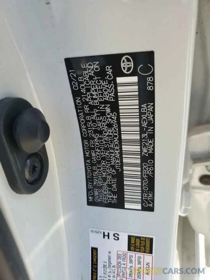 12 fotografías del automóvil dañado JTDEAMDEXMJ026945 TOYOTA COROLLA 2021