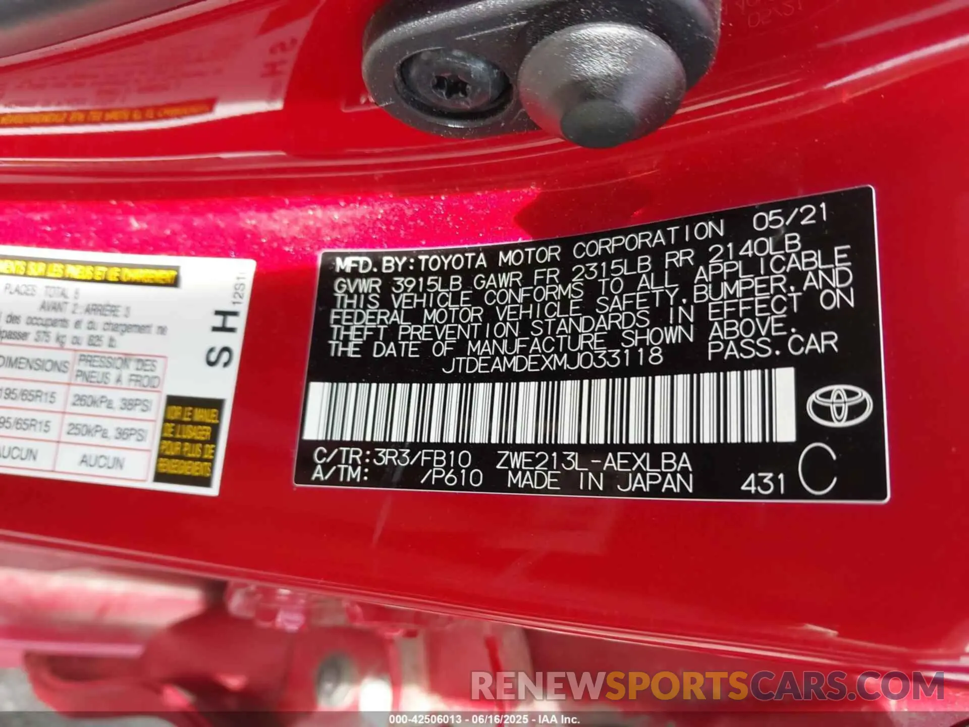 9 fotografías del automóvil dañado JTDEAMDEXMJ033118 TOYOTA COROLLA 2021