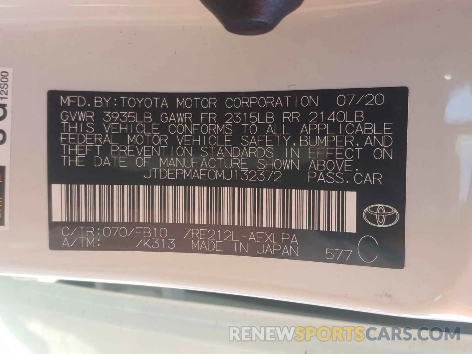 10 fotografías del automóvil dañado JTDEPMAE0MJ132372 TOYOTA COROLLA 2021