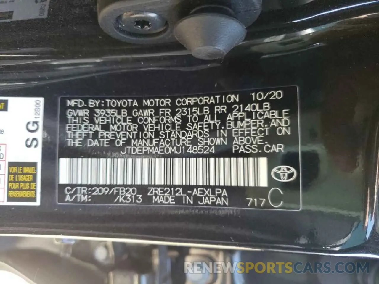 10 fotografías del automóvil dañado JTDEPMAE0MJ148524 TOYOTA COROLLA 2021