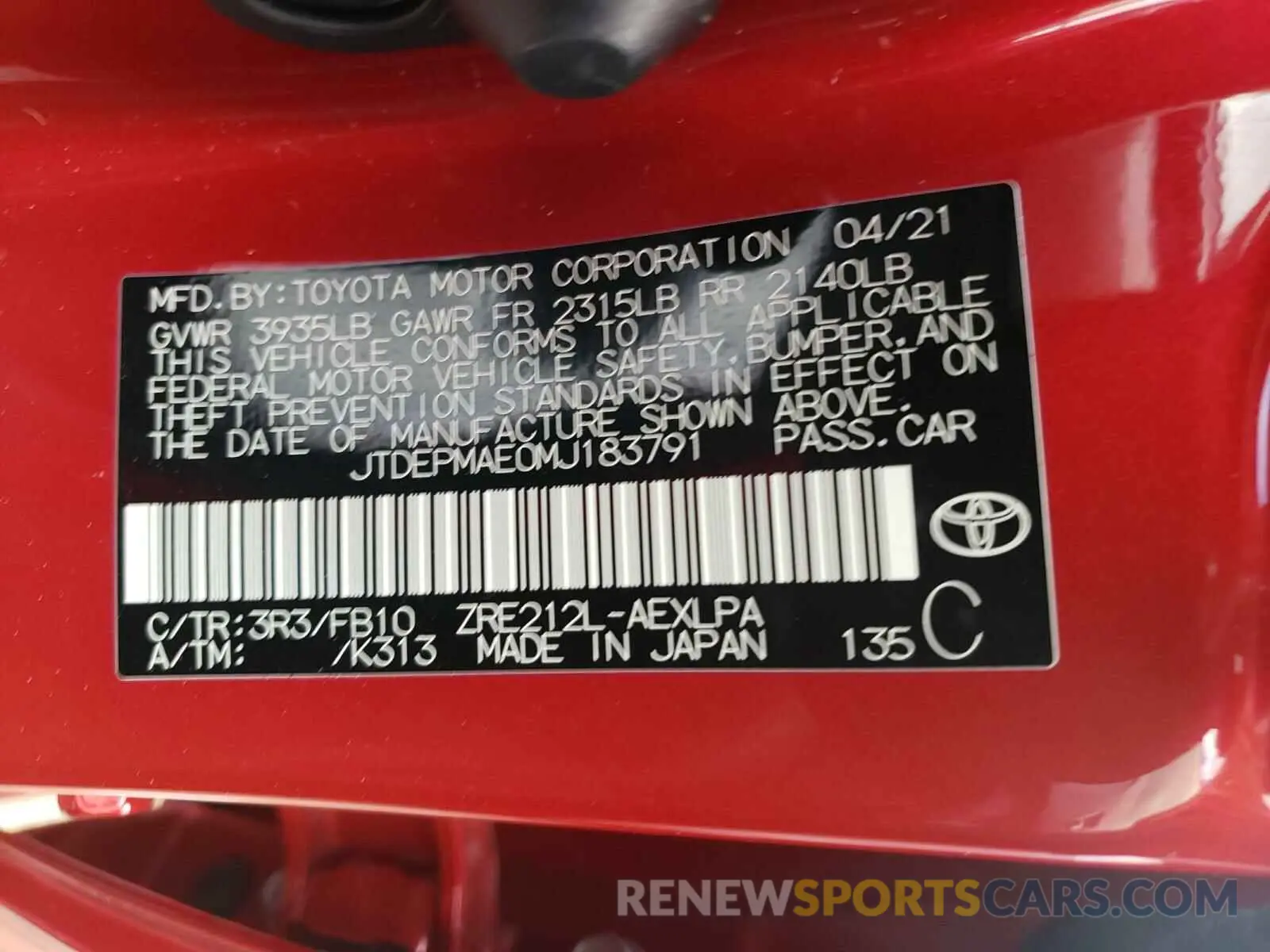 10 fotografías del automóvil dañado JTDEPMAE0MJ183791 TOYOTA COROLLA 2021