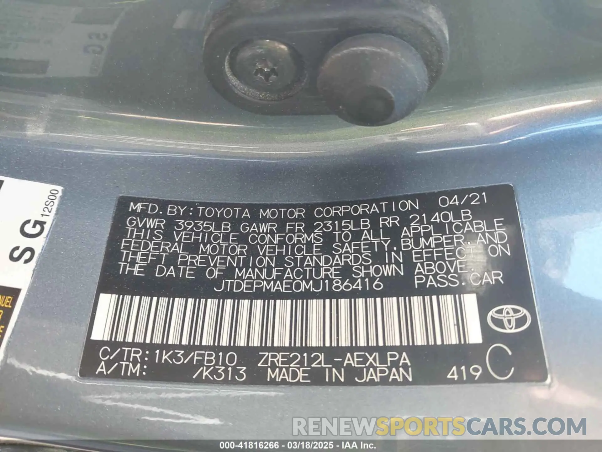 9 fotografías del automóvil dañado JTDEPMAE0MJ186416 TOYOTA COROLLA 2021