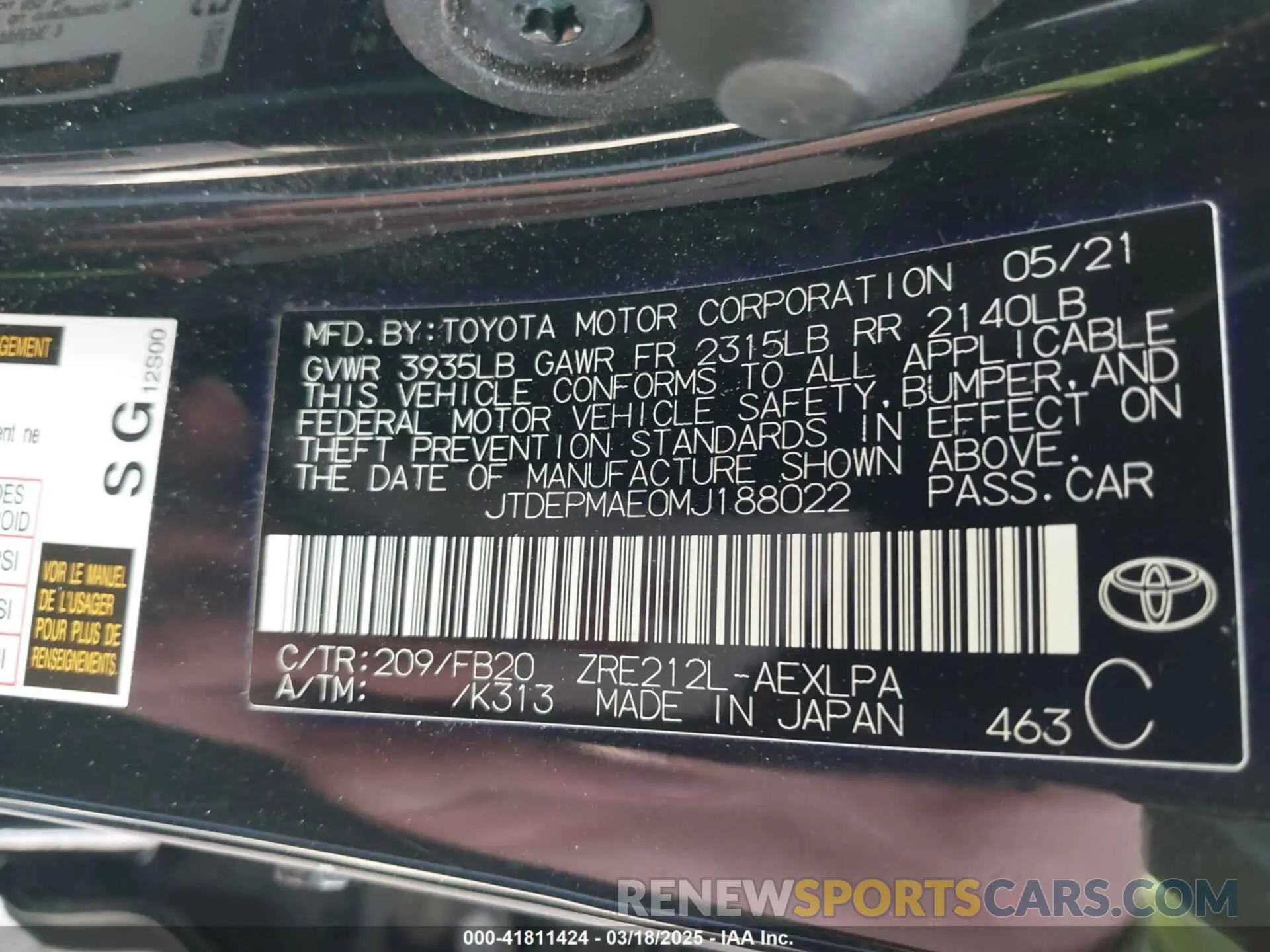 9 fotografías del automóvil dañado JTDEPMAE0MJ188022 TOYOTA COROLLA 2021