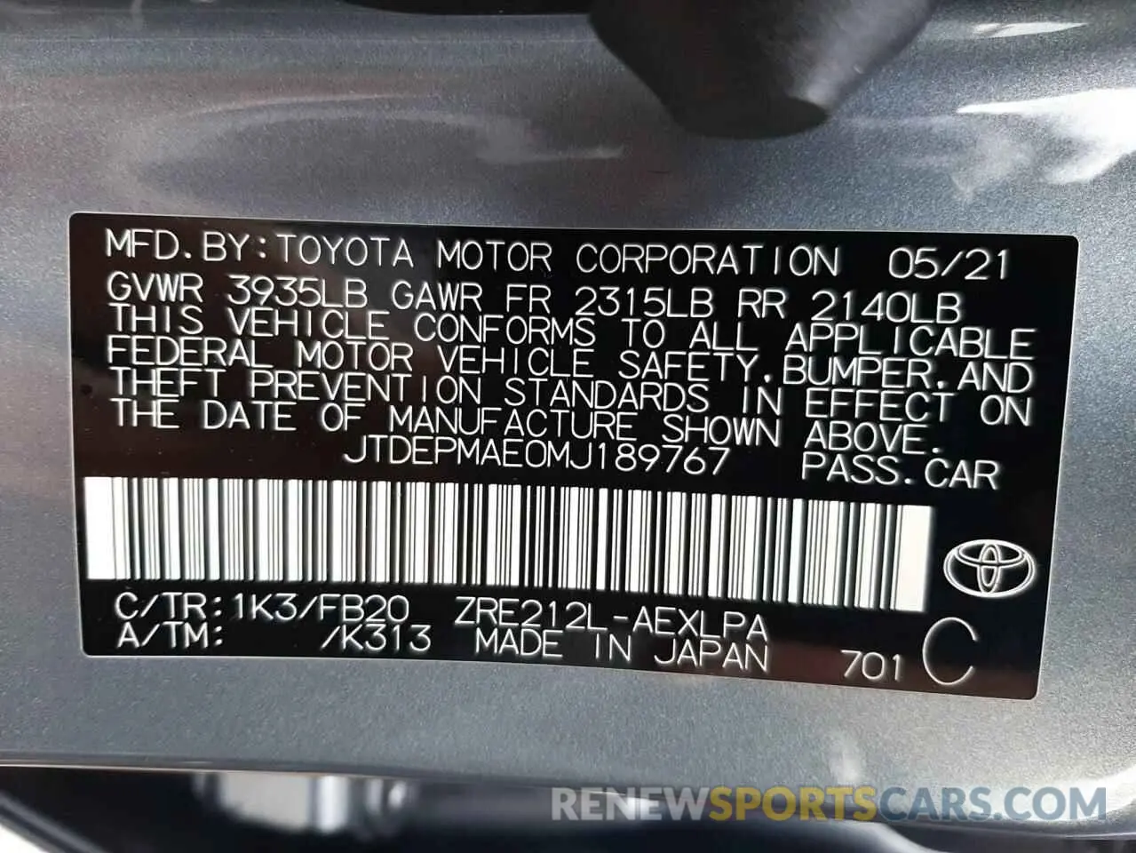 10 fotografías del automóvil dañado JTDEPMAE0MJ189767 TOYOTA COROLLA 2021